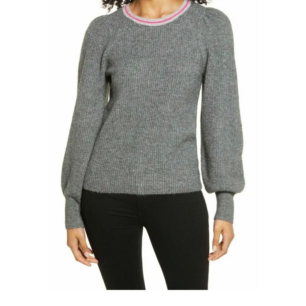 Halogen Blouson Sweater Grey Heather Stripe Neck Crew Neck Pullover XL